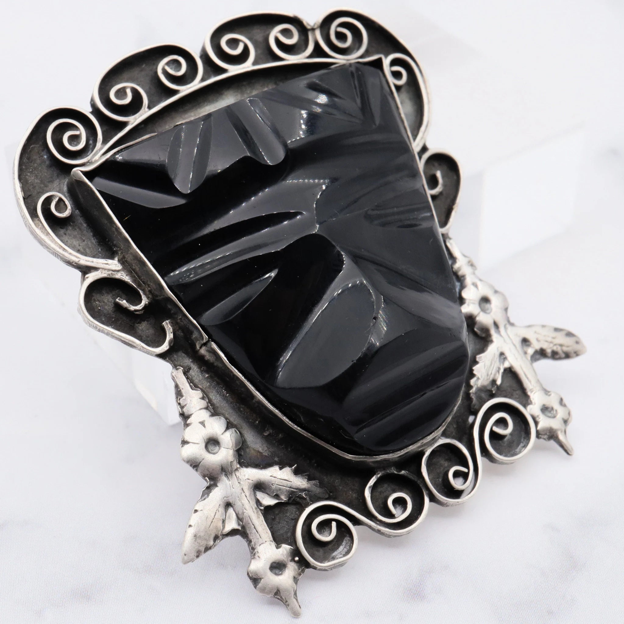 Antique Mexican sterling and carved onyx Mayan mask brooch